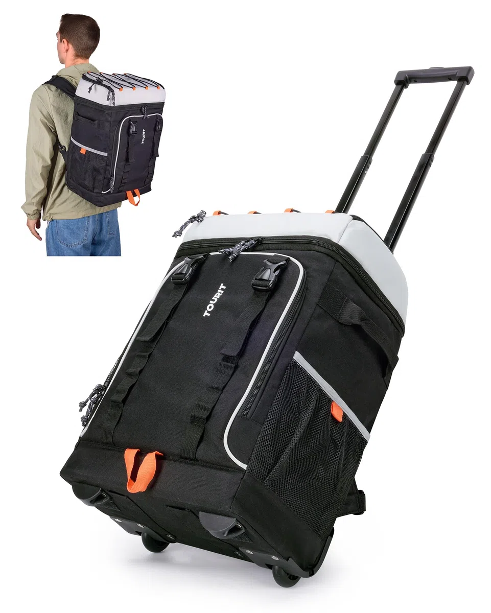 TOURIT Zaino refrigerante con ruote per 50 lattine, doppio fondo e doppio manico, borsa frigo portatile con ruote da donna, capacità 30 litri, dimensioni: 18" (15"+3") × 13" × 11"