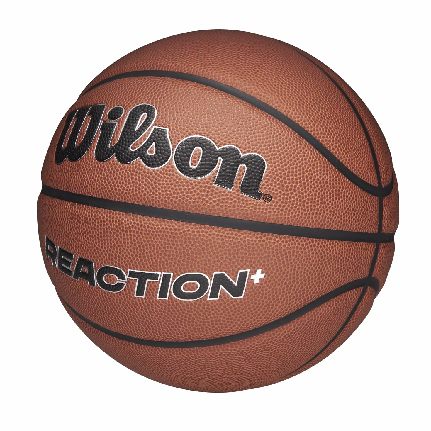 Wilson Pallone da Basket Reaction Plus, In Materiali Compositi Resistenti con Design a Canali Profondi, Marrone/Argento, Misura 5