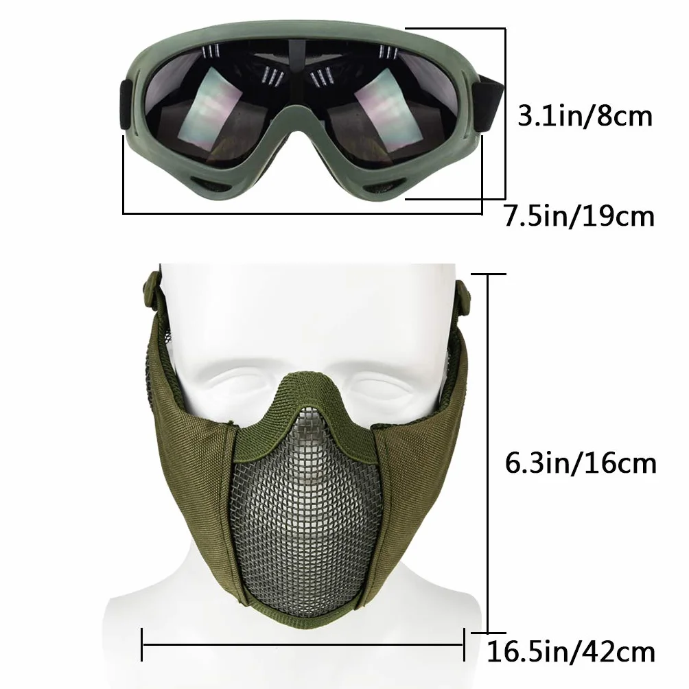Maschera a metà viso in rete per softair con protezione orecchie e occhialini