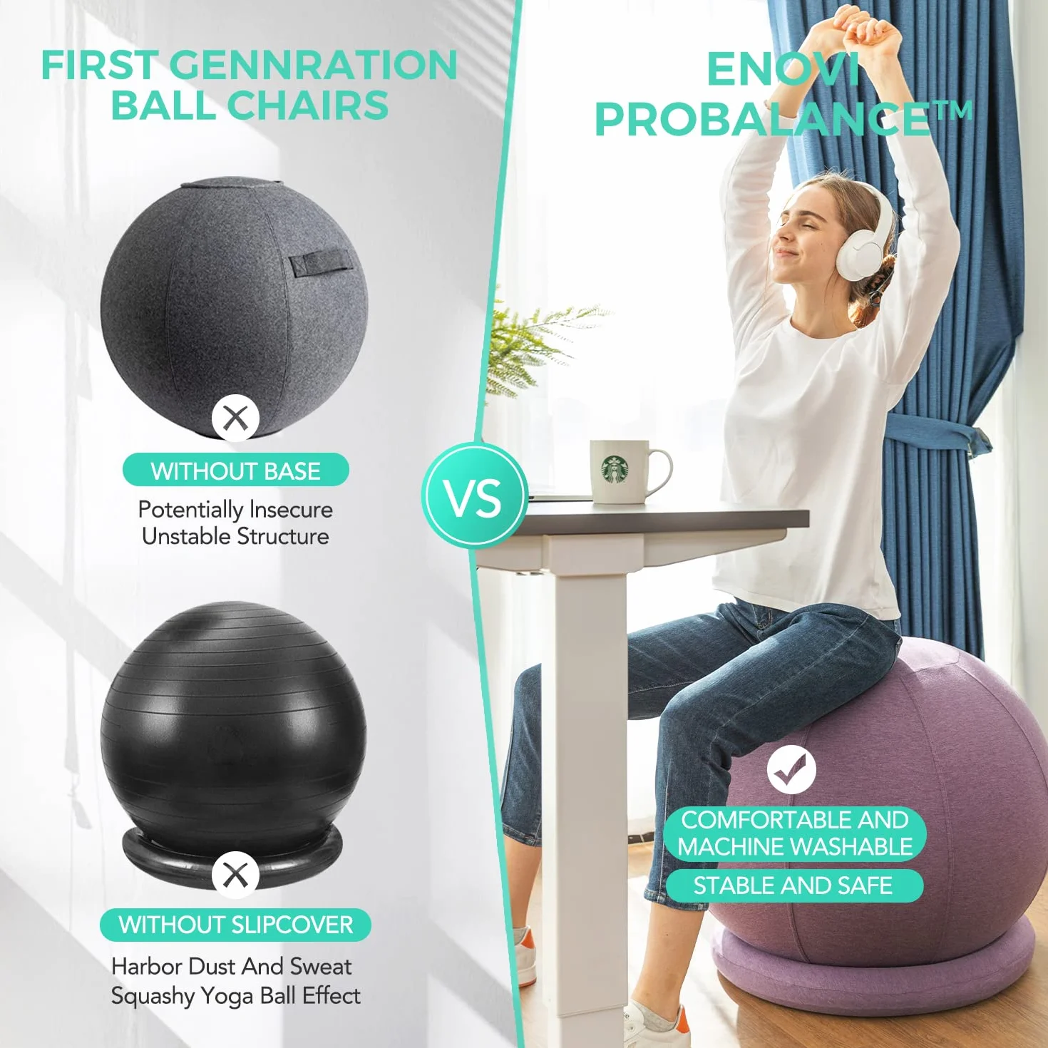 ProBalanceΩ Sedia a sfera, sedia a sfera da yoga con fodera e base per scrivania da casa e ufficio, parto e gravidanza, palla di stabilità e seduta per alleviare il dolore alla schiena, diverse