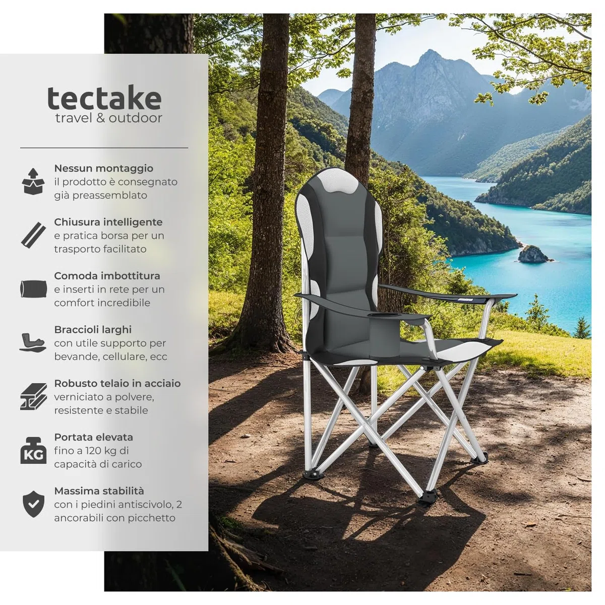 tectake® 2 Sedie da Campeggio Pieghevole, Comoda Imbottitura, Sedie Relax con Tessuto a Rete per Ventilazione, Bracciolo con Porta Bevande Incorporato, Pratica Borsa Inclusa - Grigio