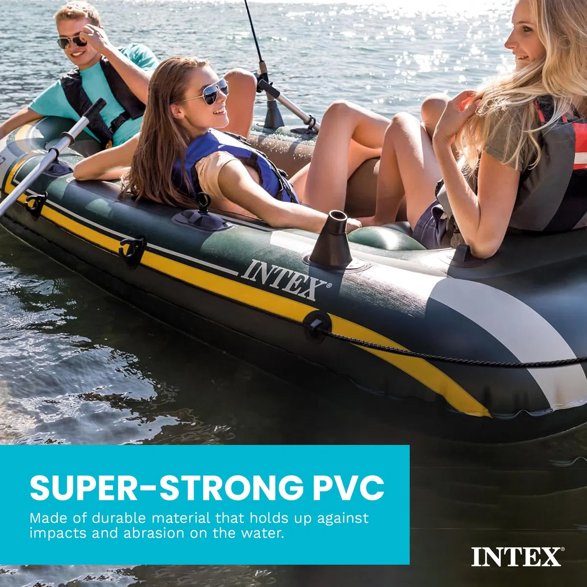 INTEX Serie di barche gonfiabili Seahawk: include remi in alluminio deluxe e pompa ad alto rendimento, PVC super resistente, supporti per canna da pesca, maniglie resistenti, custodia per attrezzi