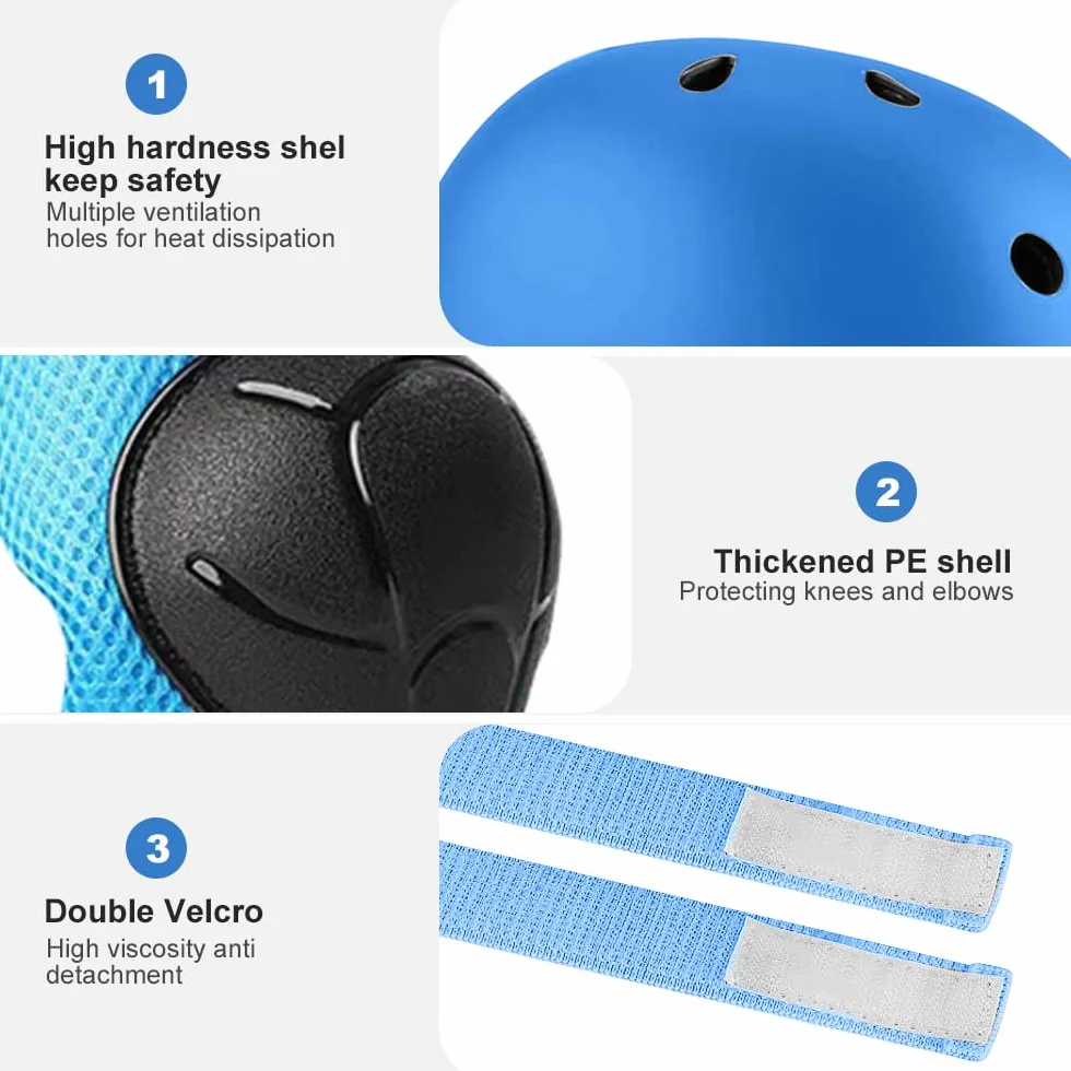Set di Casco Protezione Bambini, 5 in 1 Casco Bici Protezioni Set per 3-11 Anni Regolabile Polso Ginocchiere Protezione per Skateboard Hoverboard Pattini in Linea(Blu)
