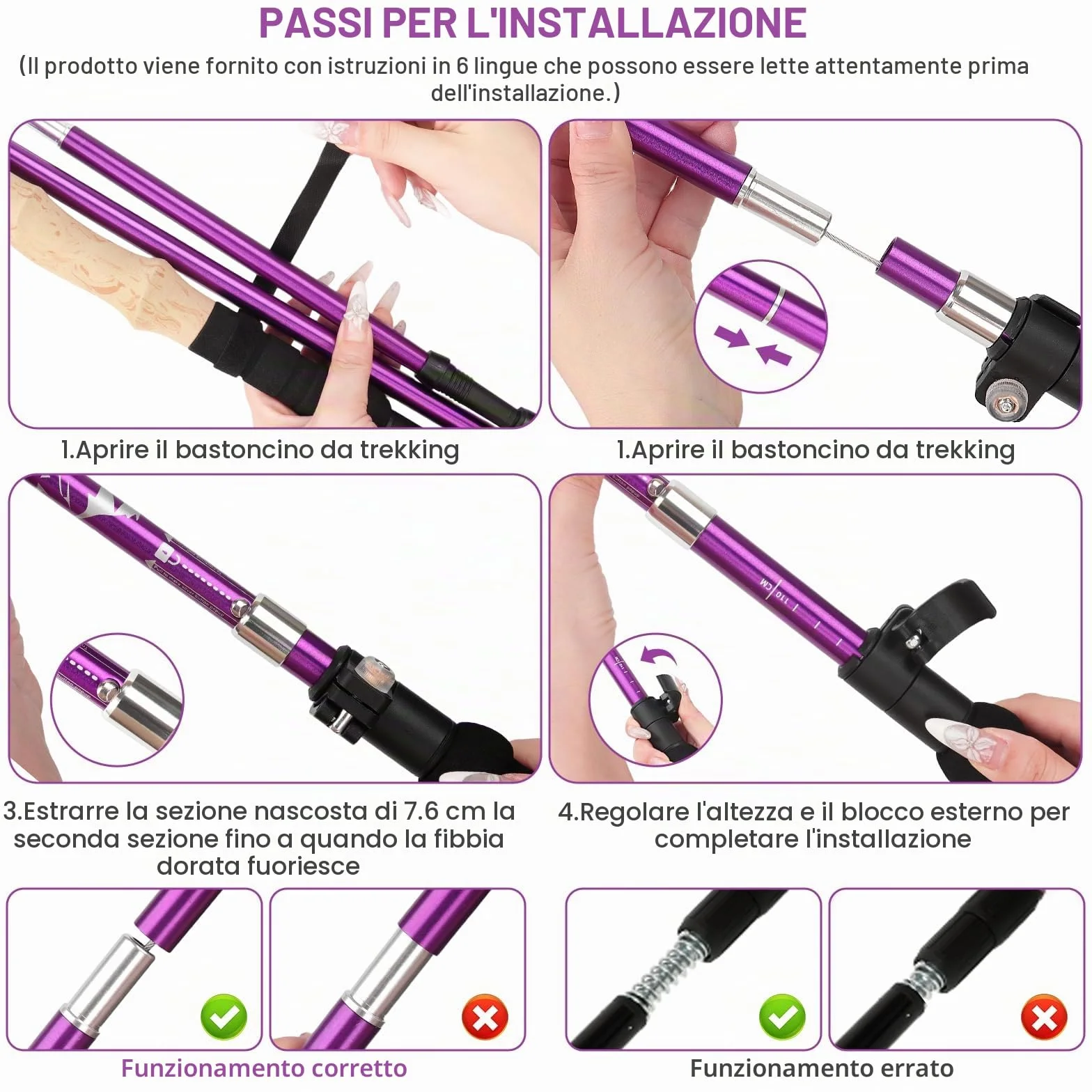 Bastoni da Trekking Alluminio Pieghevoli 115-135 cm Nordic Walking 5 Paia Cuscinetto