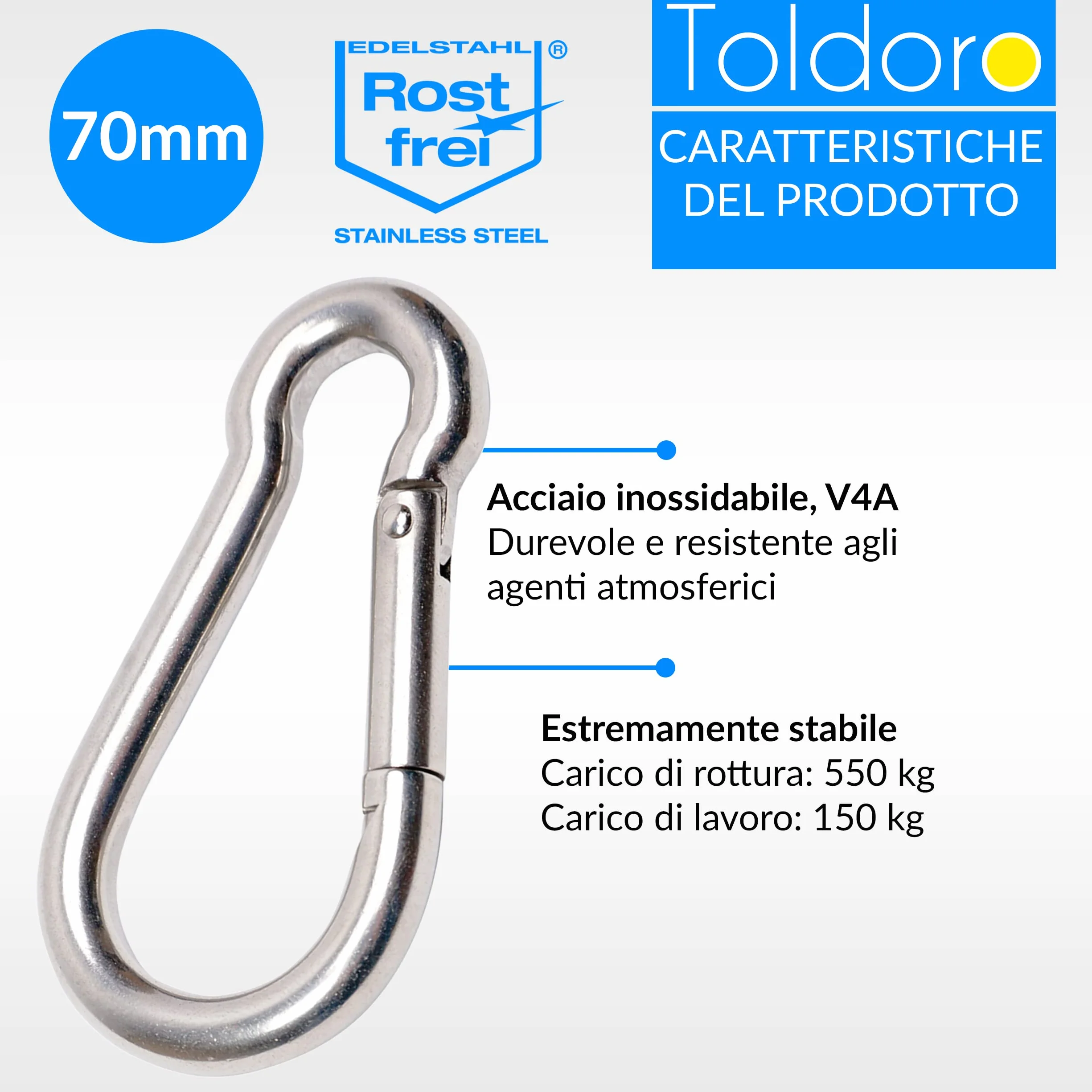 Toldoro Moschettone acciaio inox 7x70mm multifunzione per altalena campeggio slackline Set