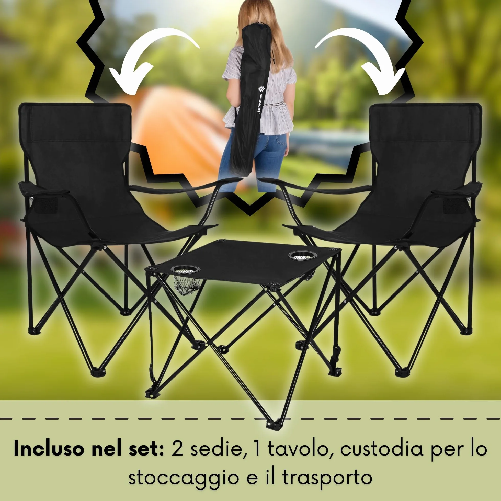 SPRINGOS Tavolo da campeggio con due sedie pieghevoli set da 3 pezzi