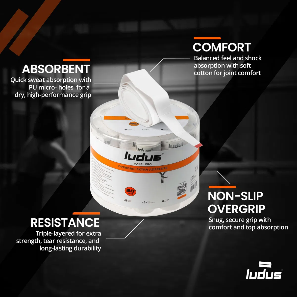 Ludus™ Overgrip Professionale Padel Extra Grip Appiccicoso | Impugnatura Antiscivolo e Assorbe Sudore | Set 4-6-12-30-60 Pezzi | Migliora Presa e Comfort per Racchette Padel e Tennis