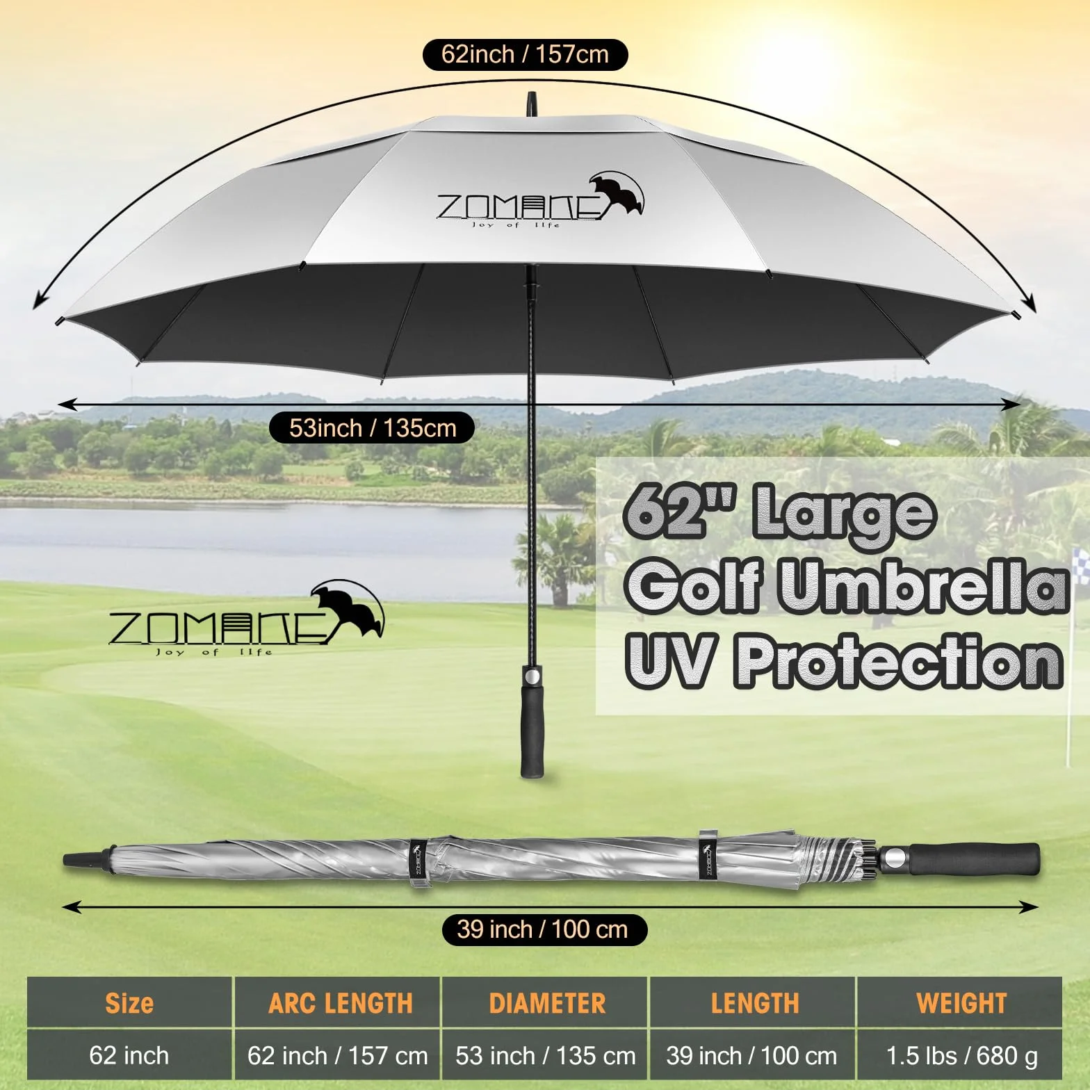 ZOMAKE UV Ombrello Golf Antivento Grande,62/68 Pollici ombrello parasole Robusto XXL,Ombrelli Uomo Donna Doppia Copertura Ventilata Da Sole Per 2-3 Persone