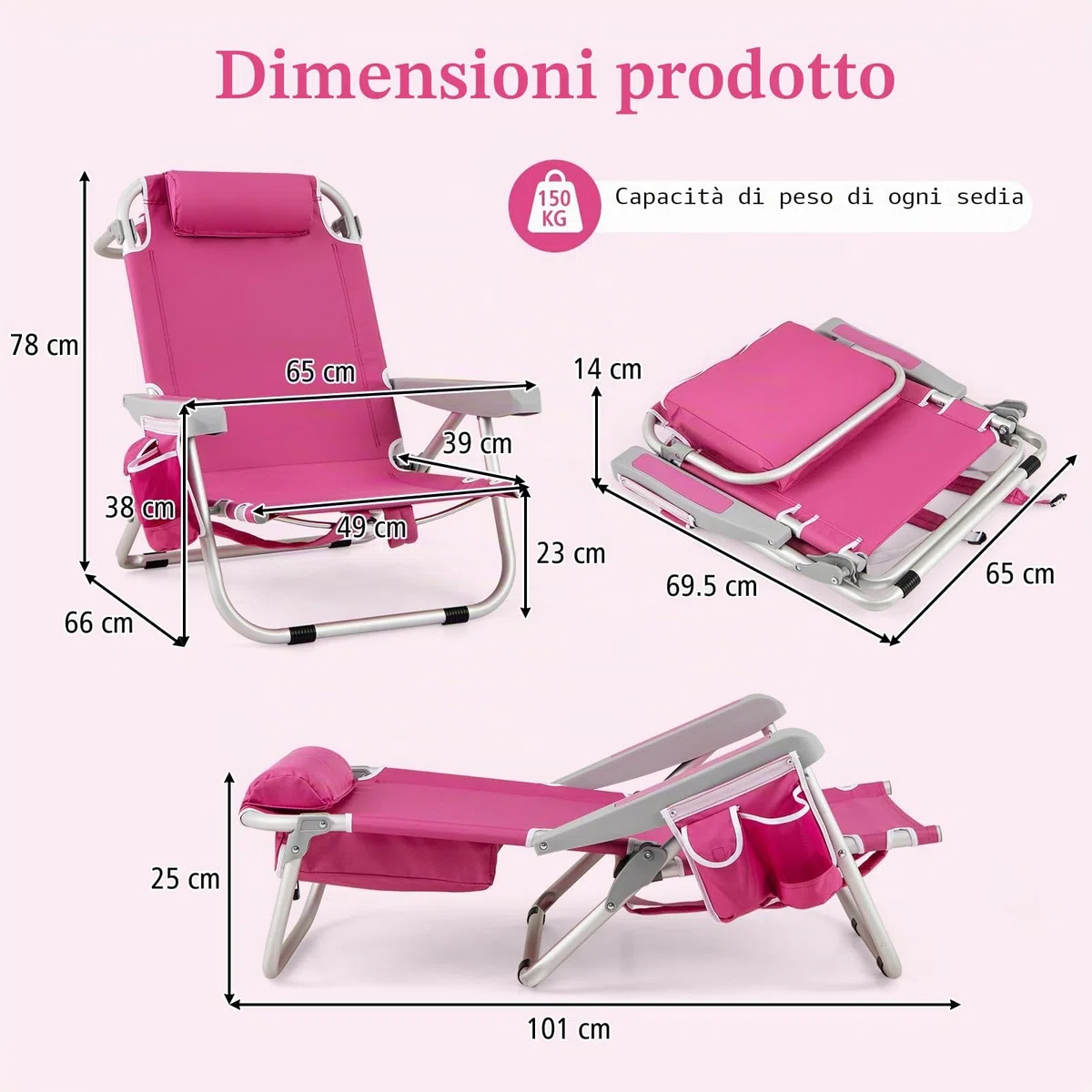 KOMFOTTEU Sedia da Spiaggia Pieghevole, Spiaggina con Schienale Regolabile in 5 Posizioni, Sdraio Mare con Poggiatesta, Lettino Prendisole con Tasca Laterale, Carico 150 kg，Rosa：1