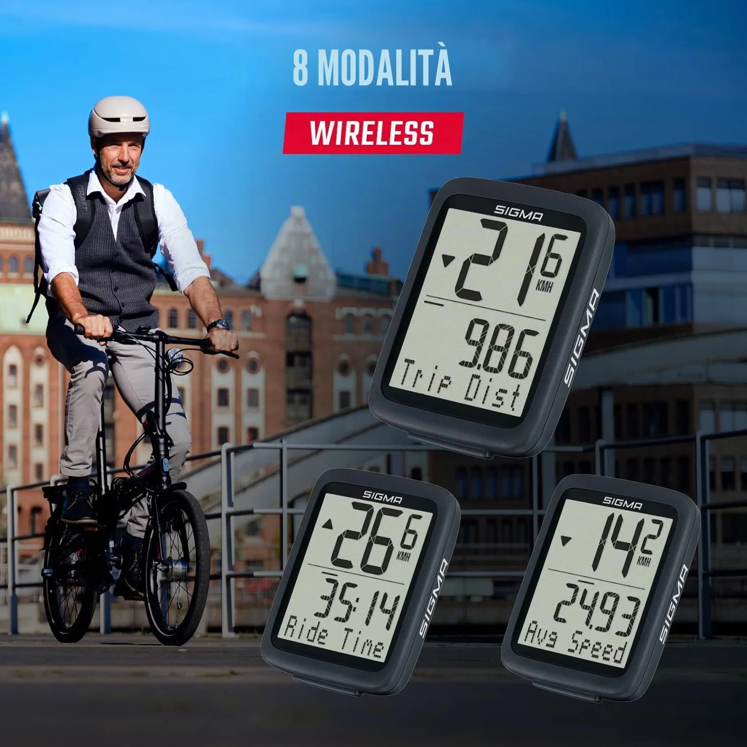 SIGMA BC 8.0 WL Ciclocomputer Wireless con 8 Funzioni, Confronto Velocità, Tasti Grandi, Display Chiaro, Impermeabile