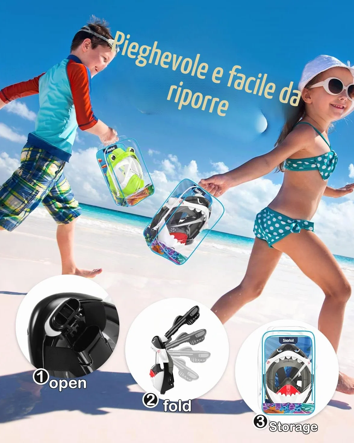 Maschera da snorkeling per bambini 180° HD anti-appannamento integrale subacquea 4-12 anni