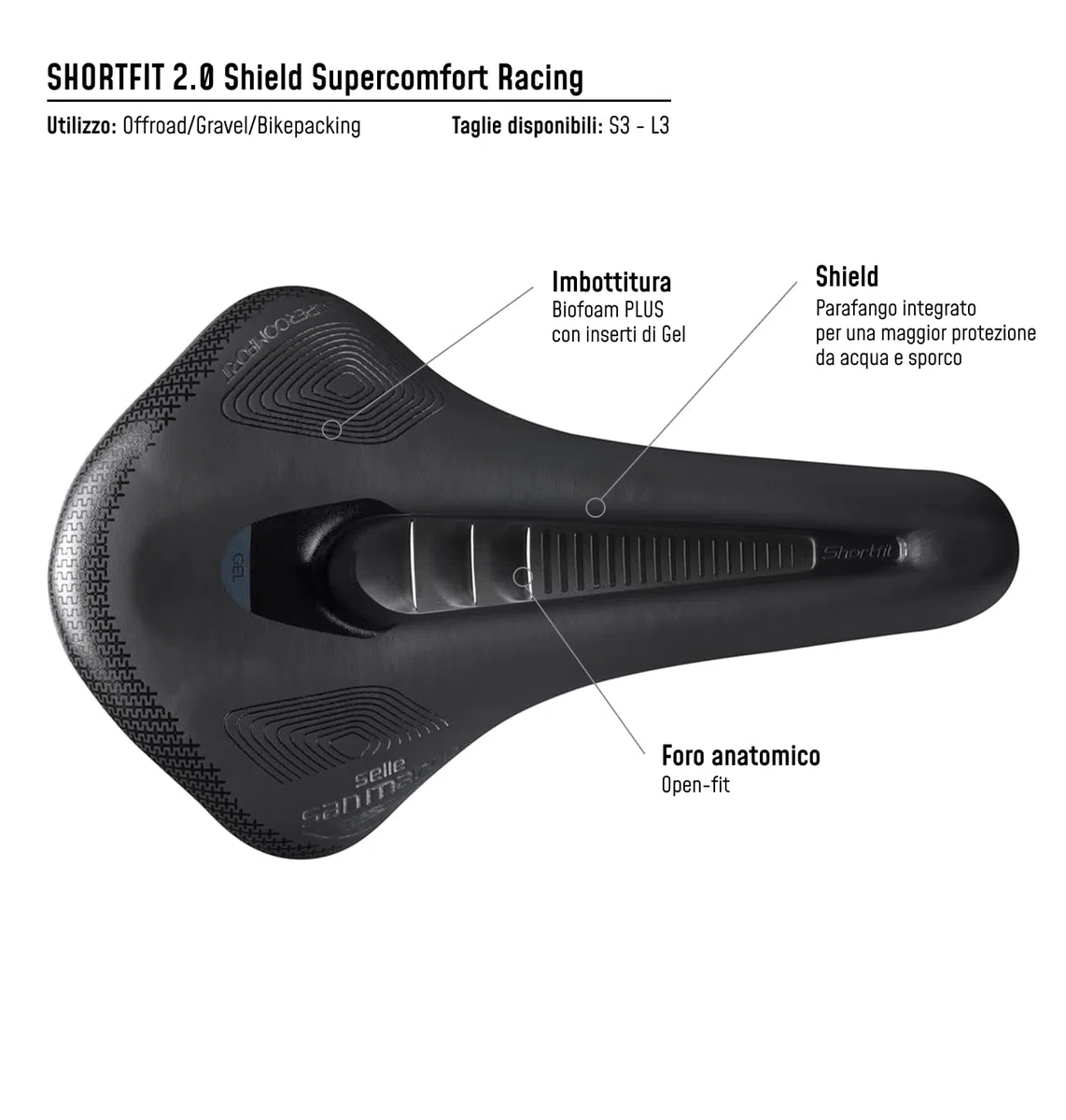 Selle San Marco SHORTFIT 2.0 Shield Supercomfort Racing - Sella Bicicletta Gravel e Bikepacking con Parafango Integrato, Foro Anatomico e Gel Extra, Telaio Resistente in Acciaio