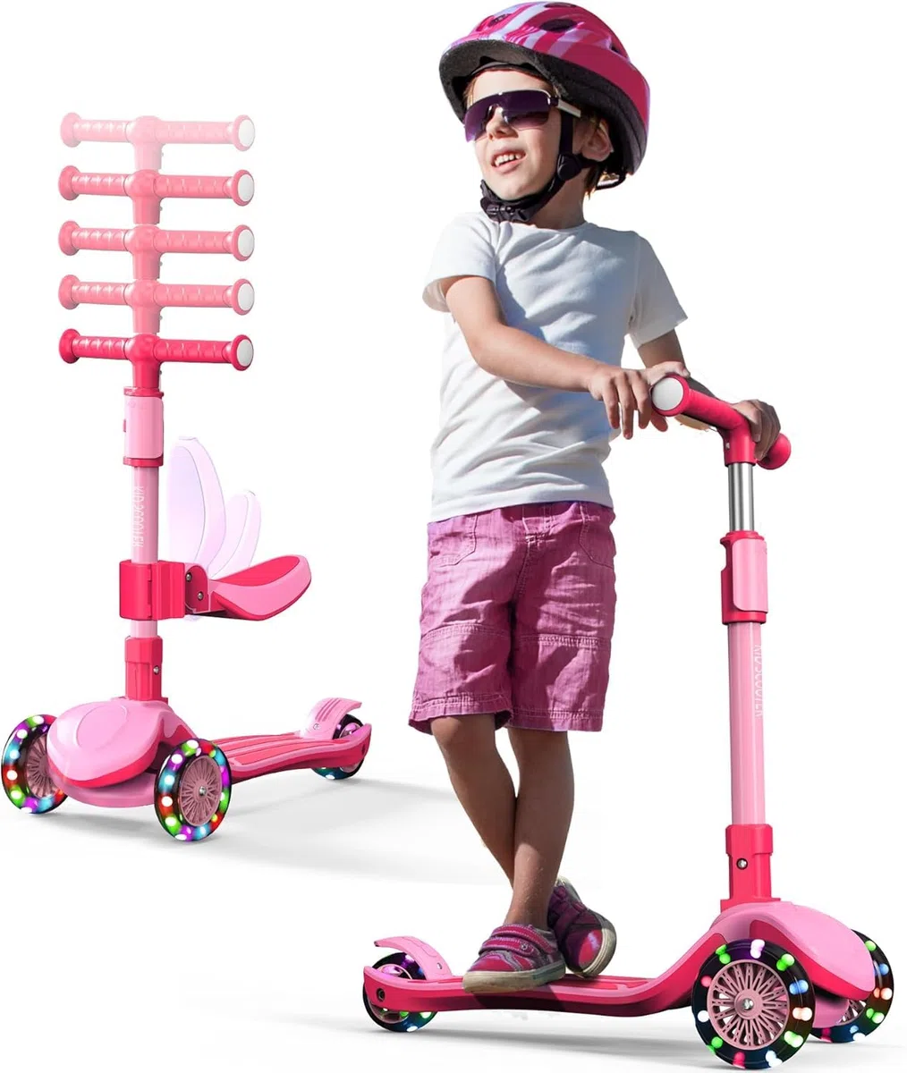 Monopattino regolabile 2 in 1, 3 – 12 anni, manubrio a 5 livelli, sedile rimovibile, ruote a LED, pieghevole, rosa (ragazze e ragazzi) nero