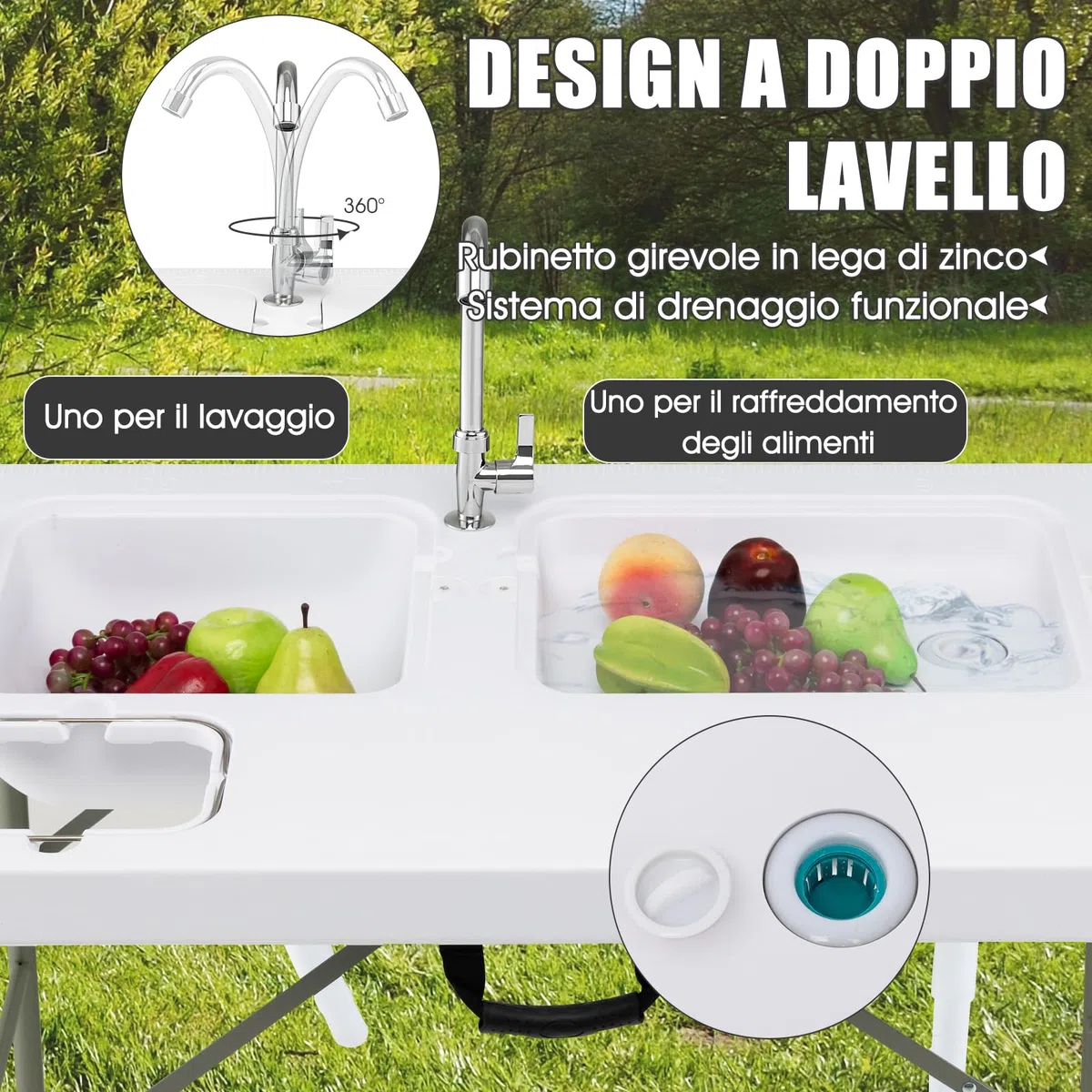 GYMAX Tavolo Portatile per la Pulizia del Pesce, con 2 Lavandini e Rubinetto Girevole, in Acciaio e HDPE, per Campeggio, Pesca, Picnic, Portata 150 kg, 101,5 x 65,5 x 107,5 cm
