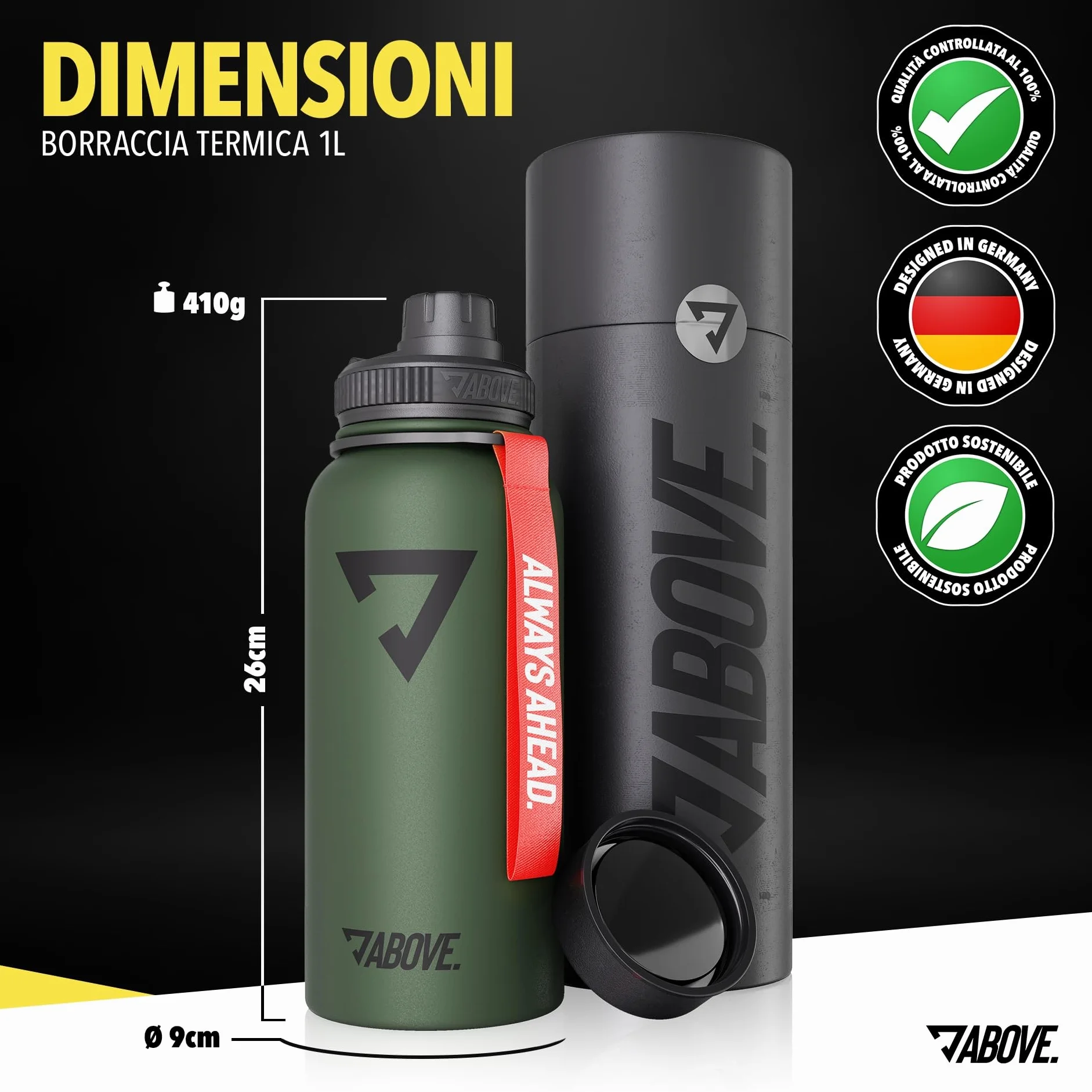 ABOVE Borraccia Termica 1L Acciaio Inox Doppia Parete Isolante Senza BPA Mantiene Caldo 12h Freddo 24h 2 Tappi Sport Outdoor Scatola Regalo Oliva