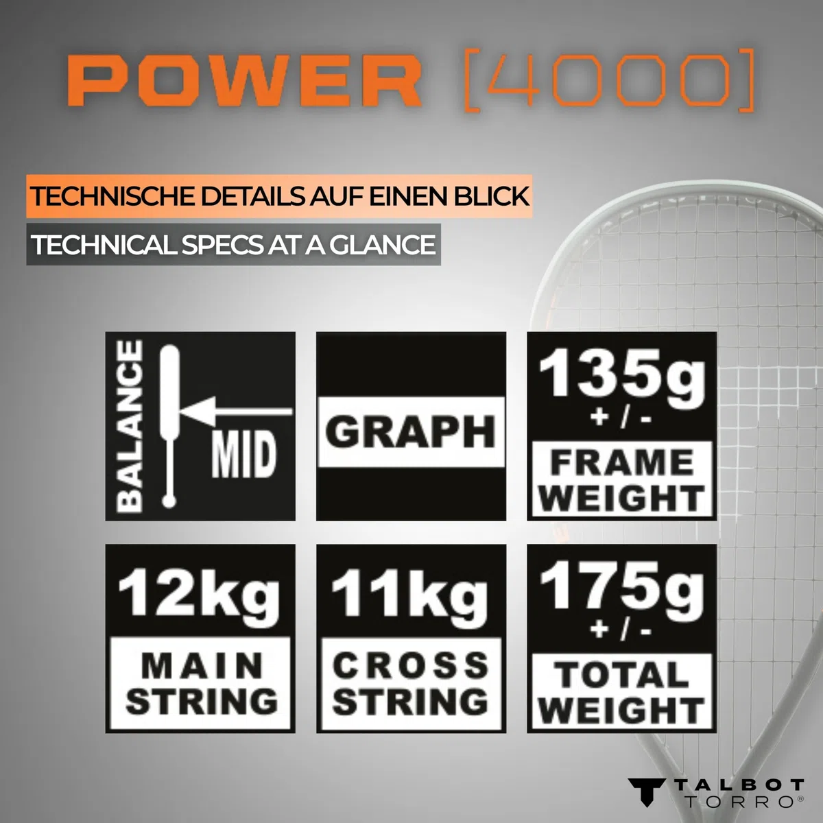 Talbot-Torro Racchetta da Squash POWER 4000 | Leggera, Aggressiva e Precisa | 100% Grafite | Incordata e Pronta all'Uso | Ideale per Giocatori Avanzati e Amatoriali