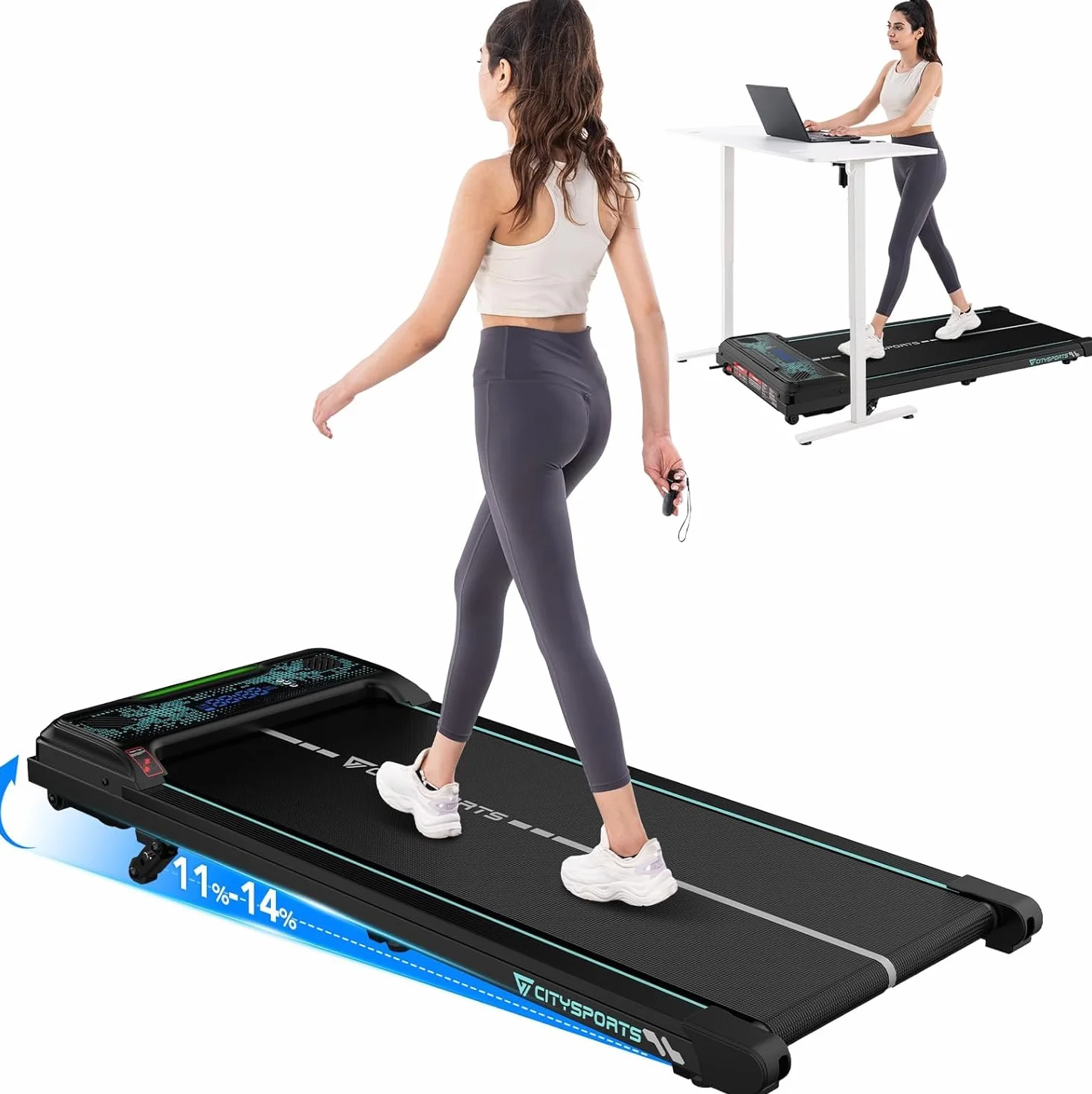 CITYSPORTS Tapis Roulant électrique 11 %–14 % inclinable – Tapis de Course compact avec LED & éclairage d’ambiance, 1–6 km/h, silencieux, télécommande, idéal maison et bureau