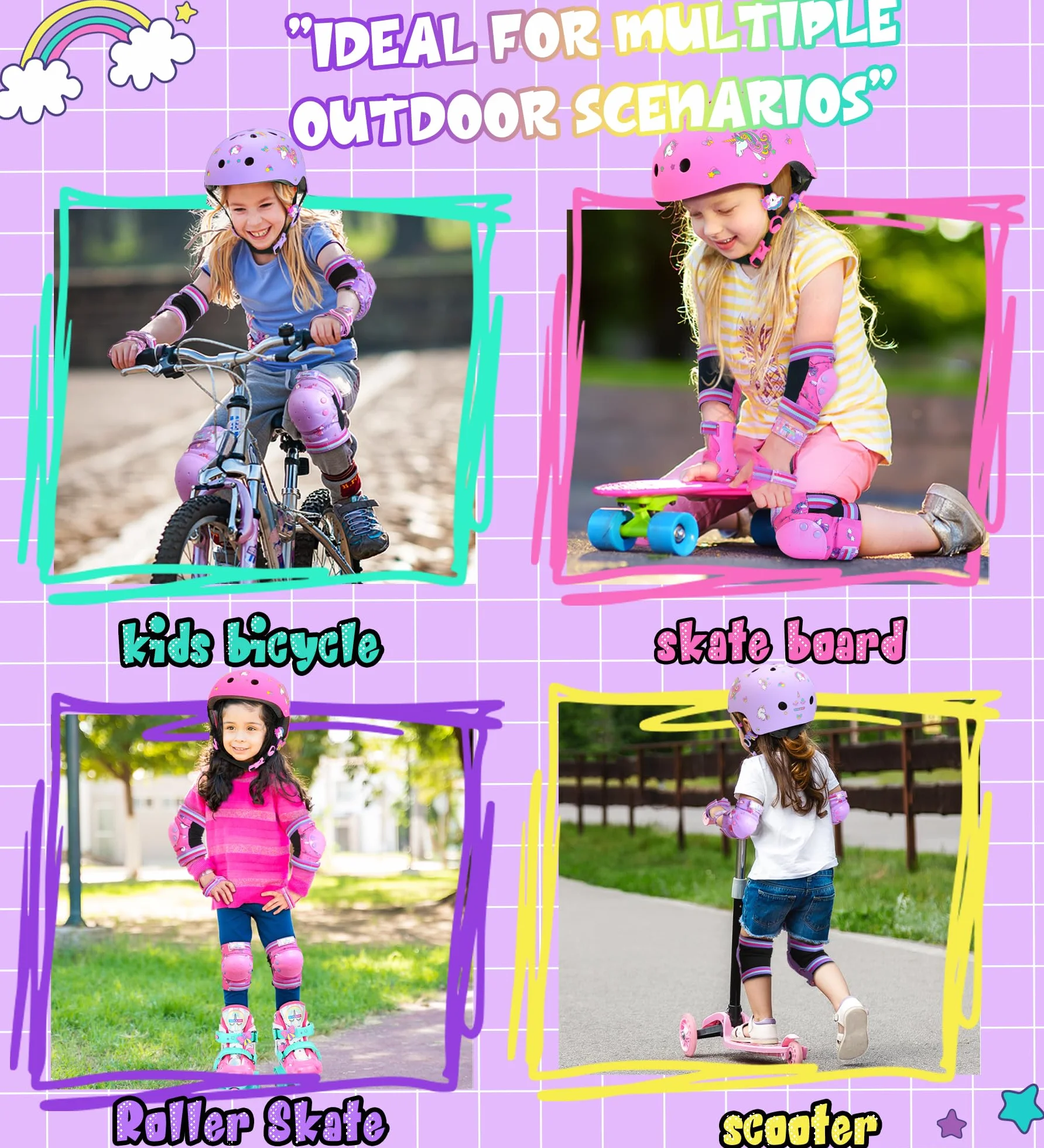 Unicorno Protezioni Set per Bambini Ginocchiere 6 in 1 Protettivi Kit Skateboard Scooter Bicicletta Pattini