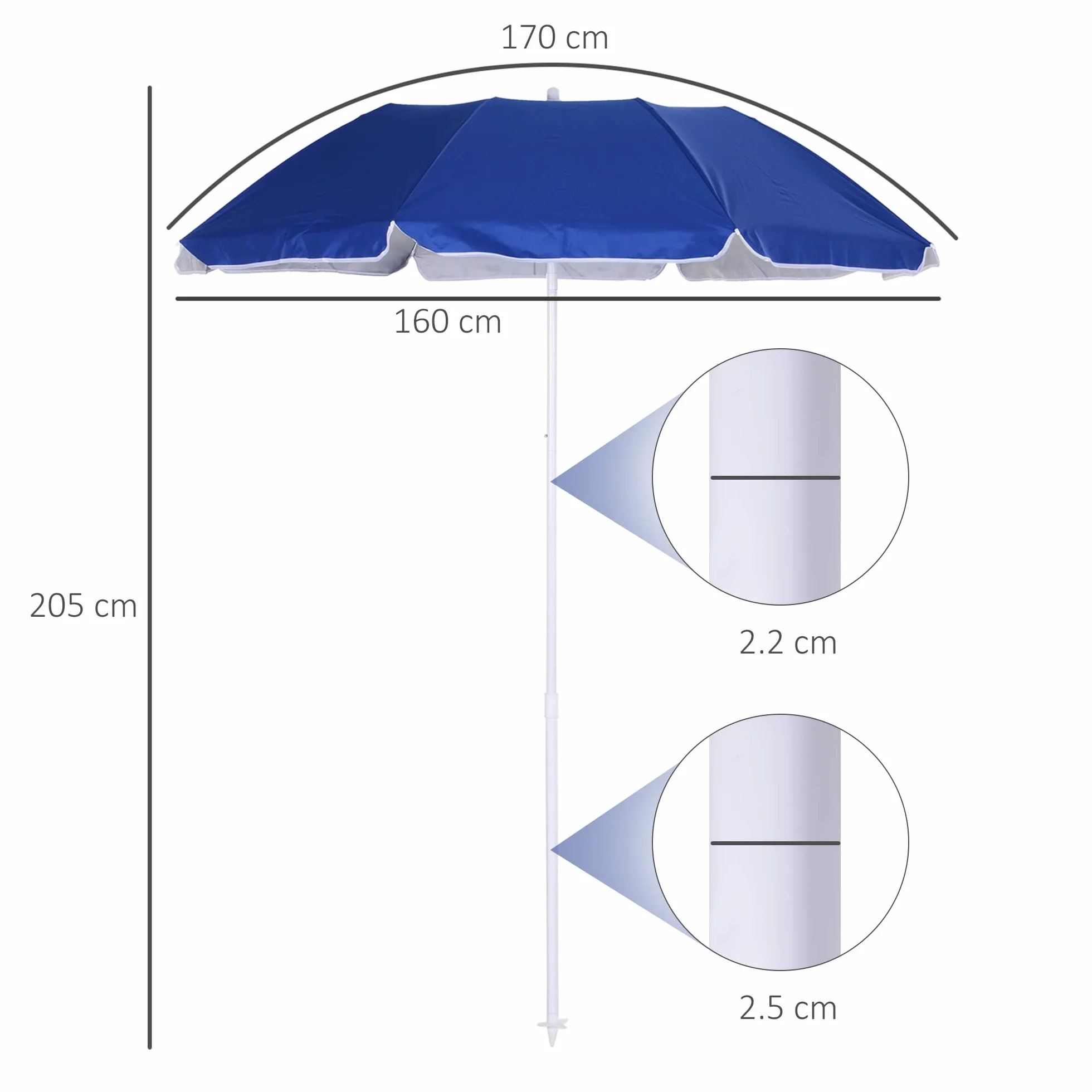 Outsunny Ombrellone da Spiaggia Ø1.6x2 m con Tettuccio Reclinabile, Ombrellone da Spiaggia Portatile con 8 Stecche, Borsa da trasporto e Design a 3 Sezioni in Metallo e Poliestere, Protezione UV, Blu