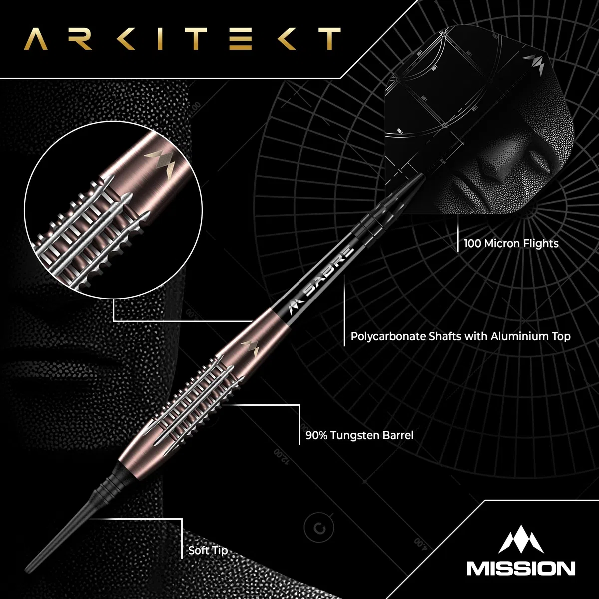 Mission Darts | Arkitekt | Freccette a punta morbida | 90% tungsteno | bronzo silice PVD | 19 g