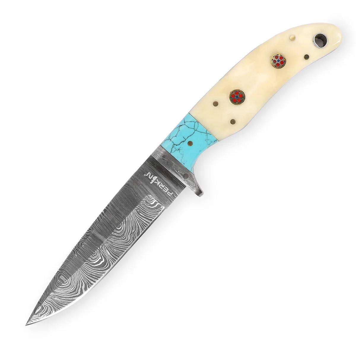 Coltello da caccia effetto damasco fatto a mano, manico turchese in osso.