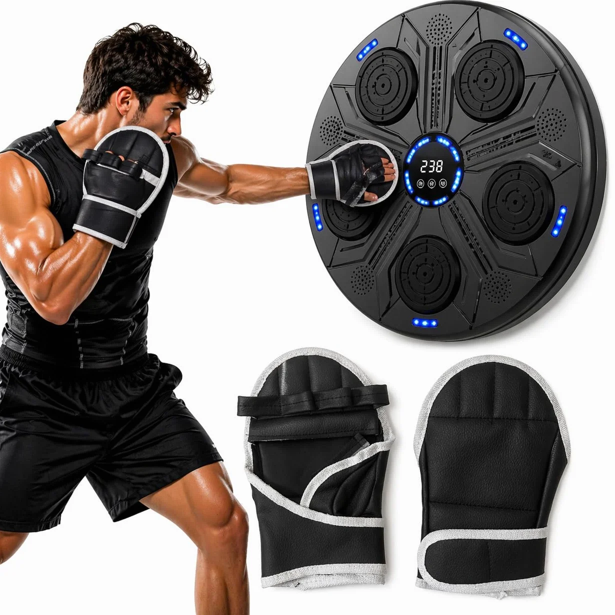 Music Boxing Machine Interattiva con LED a Parete e Bluetooth - Display Digitale - 5 Pad Reattivi - Guantoni INCLUSI - Beat Punch Allenamento Casa per Riflessi, Velocità e Coordinazione