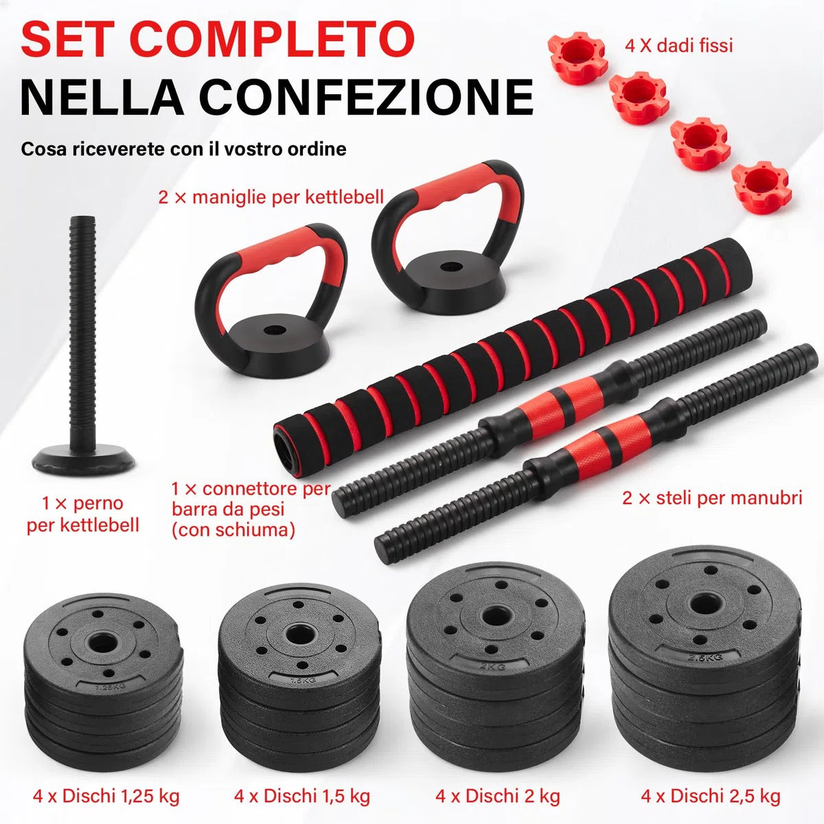 TEENO Kit Completo per Muscolazione 15 kg, 20 kg, 30 kg con Kettlebell, Manubri, Barre e Supporti per Flessioni, Ideale per il Fitness Domestico