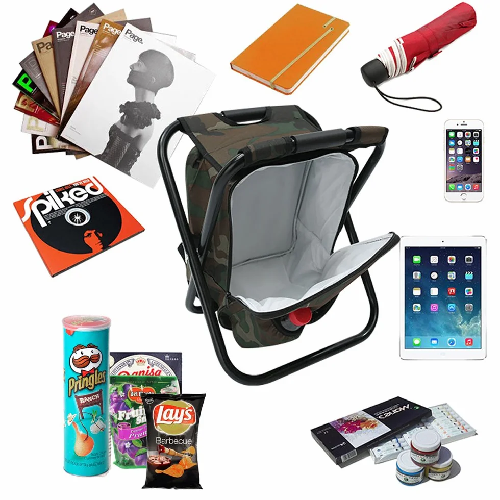 Pieghevole Sedia da Campeggio Sgabello Zaino con Borsa Picnic Isolato di Raffreddamento, Camouflage Portatile Escursionismo Seggiolone da Tavolo per Outdoor Pesca al Coperto Viaggio Beach BBQ