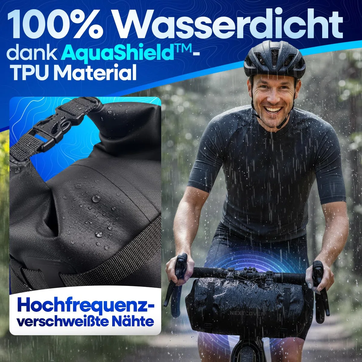 Nextcover Bikepacking - Borsa da manubrio per bicicletta [10 litri], 100% impermeabile, con AquaShield-TPU, ruote per manubrio compatte, per bici da corsa, mountain bike