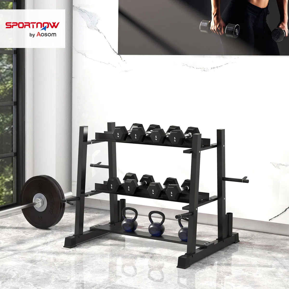SPORTNOW Rastrelliera per Manubri in Acciaio con 4 Aste a Distanza Regolabile per Pesi, Kettlebell e Bilancieri, 131x75x80 cm, Nero