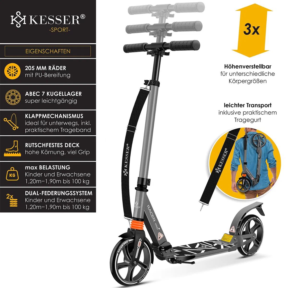 KESSER® Monopattino Cityroller Scooter Ruote da 205 mm PU Big Wheel - PRO-S con Doppia Sospensione, Scooter da Città Pieghevole e Regolabile in Altezza, Monopattino per Adulti e Bambini