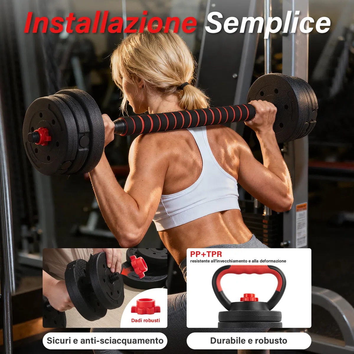 TEENO Kit Completo per Muscolazione 15 kg, 20 kg, 30 kg con Kettlebell, Manubri, Barre e Supporti per Flessioni, Ideale per il Fitness Domestico