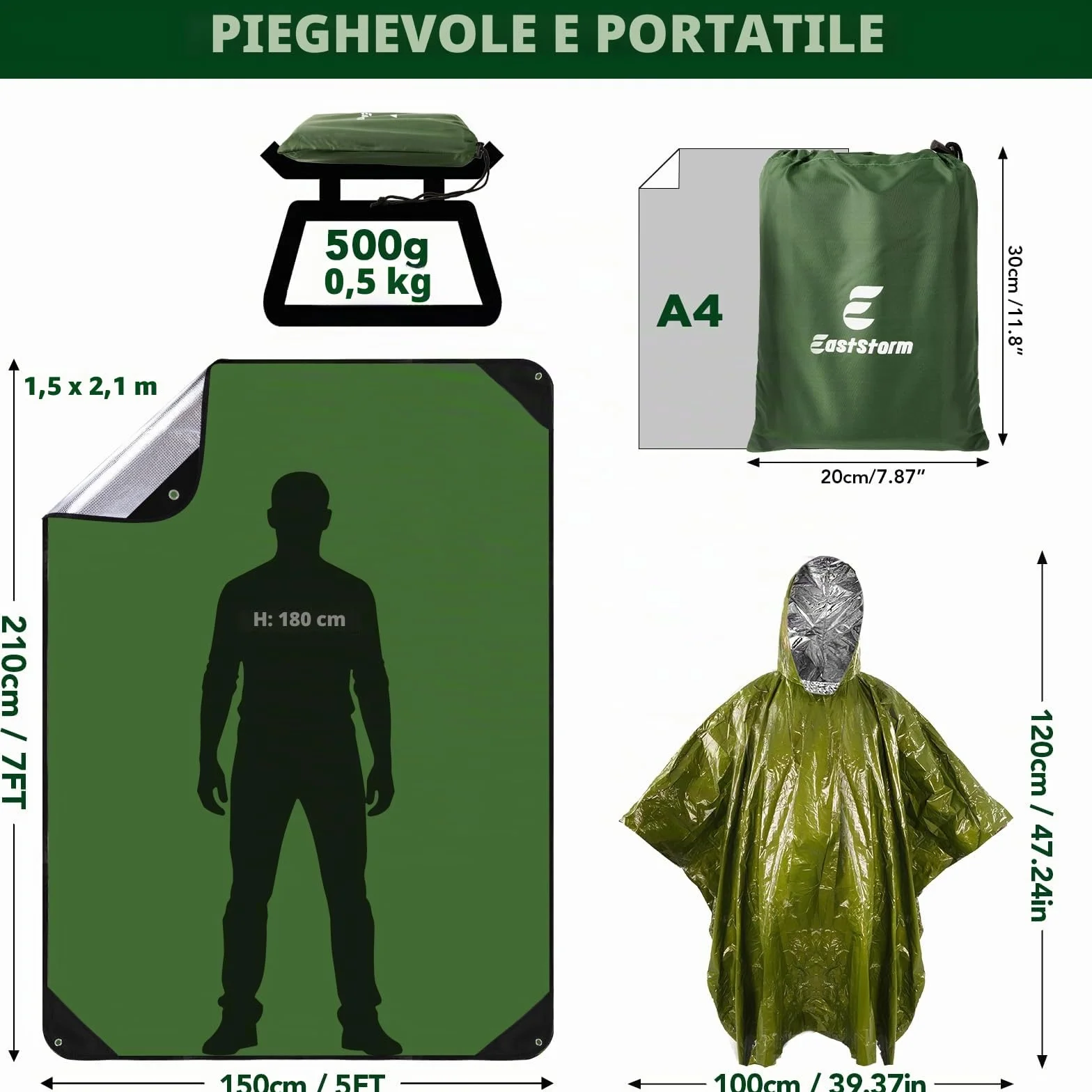 EASTSTORM Robusta Coperta Termica Emergenza Riutilizzabile 150x210 cm Impermeabile Telo Campeggio
