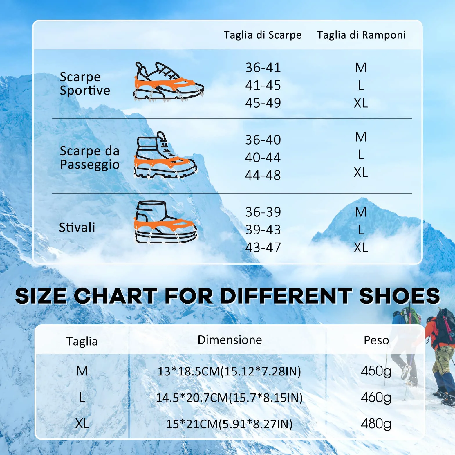 AGPTEK Ice Tacchetti 19 Denti, Ramponi da Ghiaccio per Scarpe Portabile Neve Ramponi per Donna e Uomo con Ottimo Grip per Passeggiate, Jogging o Escursioni Camping su Neve e Ghiaccio, Arancione, M