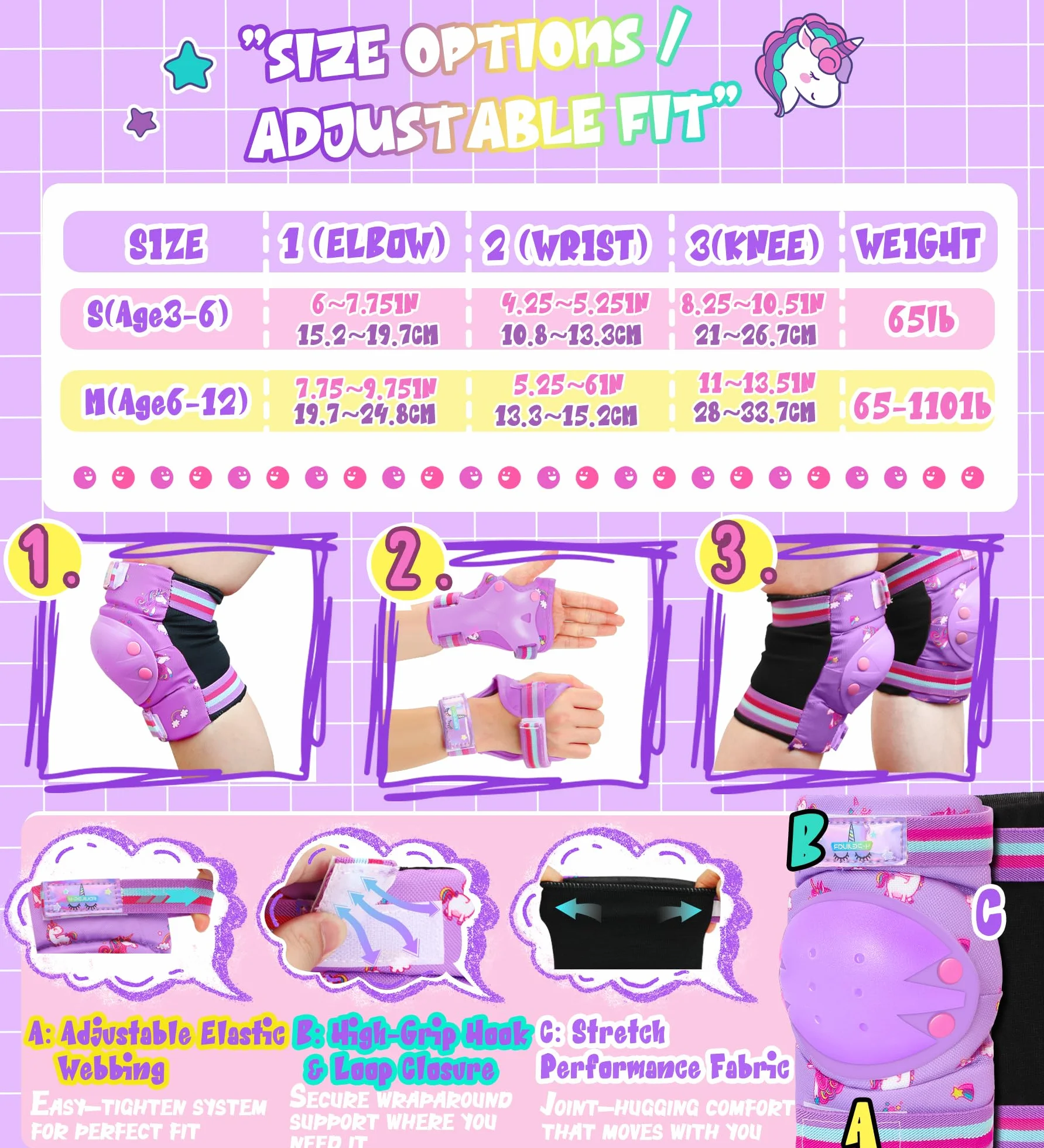 Unicorno Protezioni Set per Bambini Ginocchiere 6 in 1 Protettivi Kit Skateboard Scooter Bicicletta Pattini