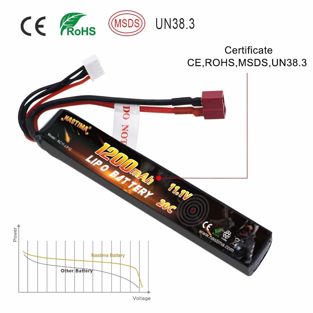 NASTIMA 11.1V 1200mAh 3S 20C Lipo Batteria con Connettore Deans-T per Airsoft Guns AEG