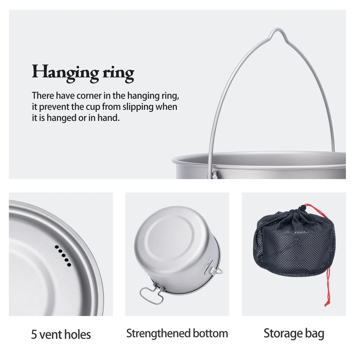 Boundless Voyage Vaso da campeggio in titanio, 1,3 l, 1,95 l, 2,9 l, con coperchio, per esterni, leggero, per la zuppa, per il falò, da appendere, per le escursioni, per la cucina portatile
