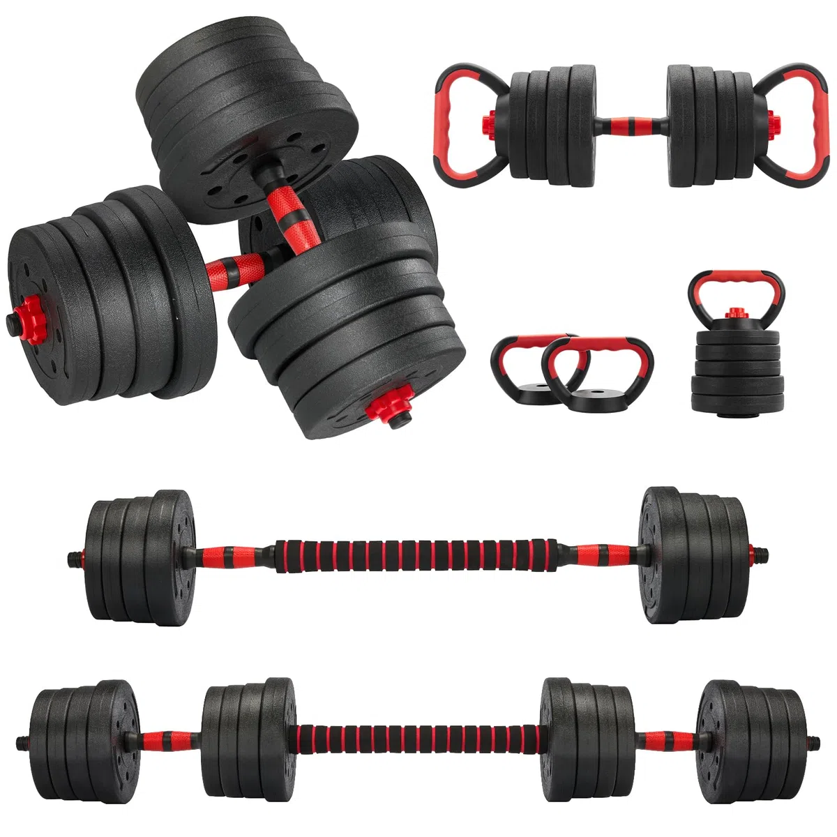 TEENO Kit Completo per Muscolazione 15 kg, 20 kg, 30 kg con Kettlebell, Manubri, Barre e Supporti per Flessioni, Ideale per il Fitness Domestico