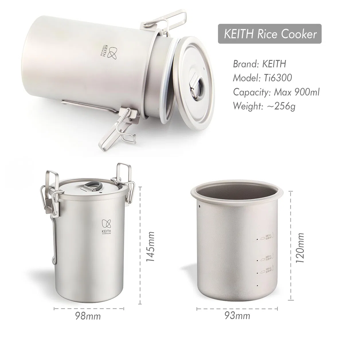 KEITH Titan Camping - Pentola in titanio Plato, per riso rapido, da viaggio, picnic, pentole, 30,4 fl oz (900 ml) con manico pieghevole (900 ml Ti6300)