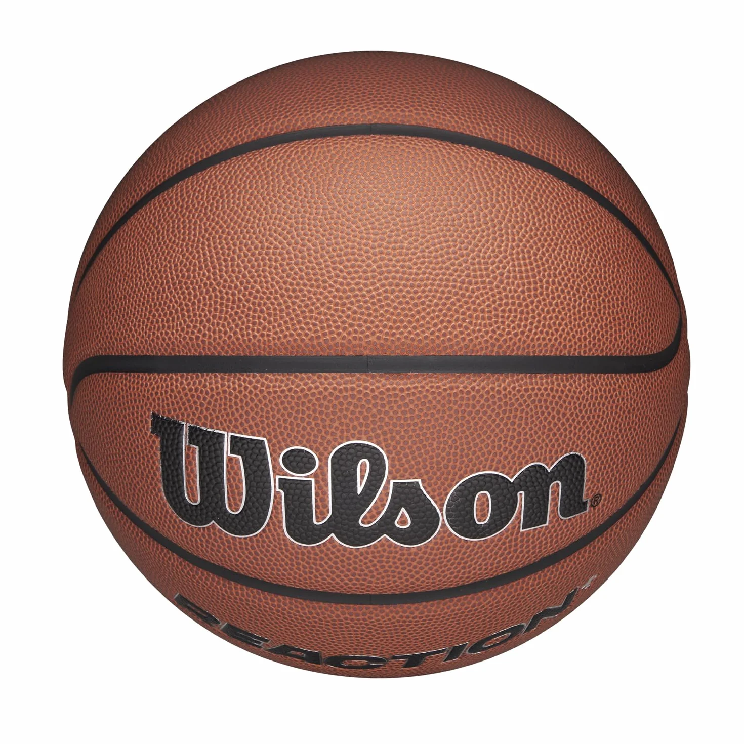 Wilson Pallone da Basket Reaction Plus, In Materiali Compositi Resistenti con Design a Canali Profondi, Marrone/Argento, Misura 5