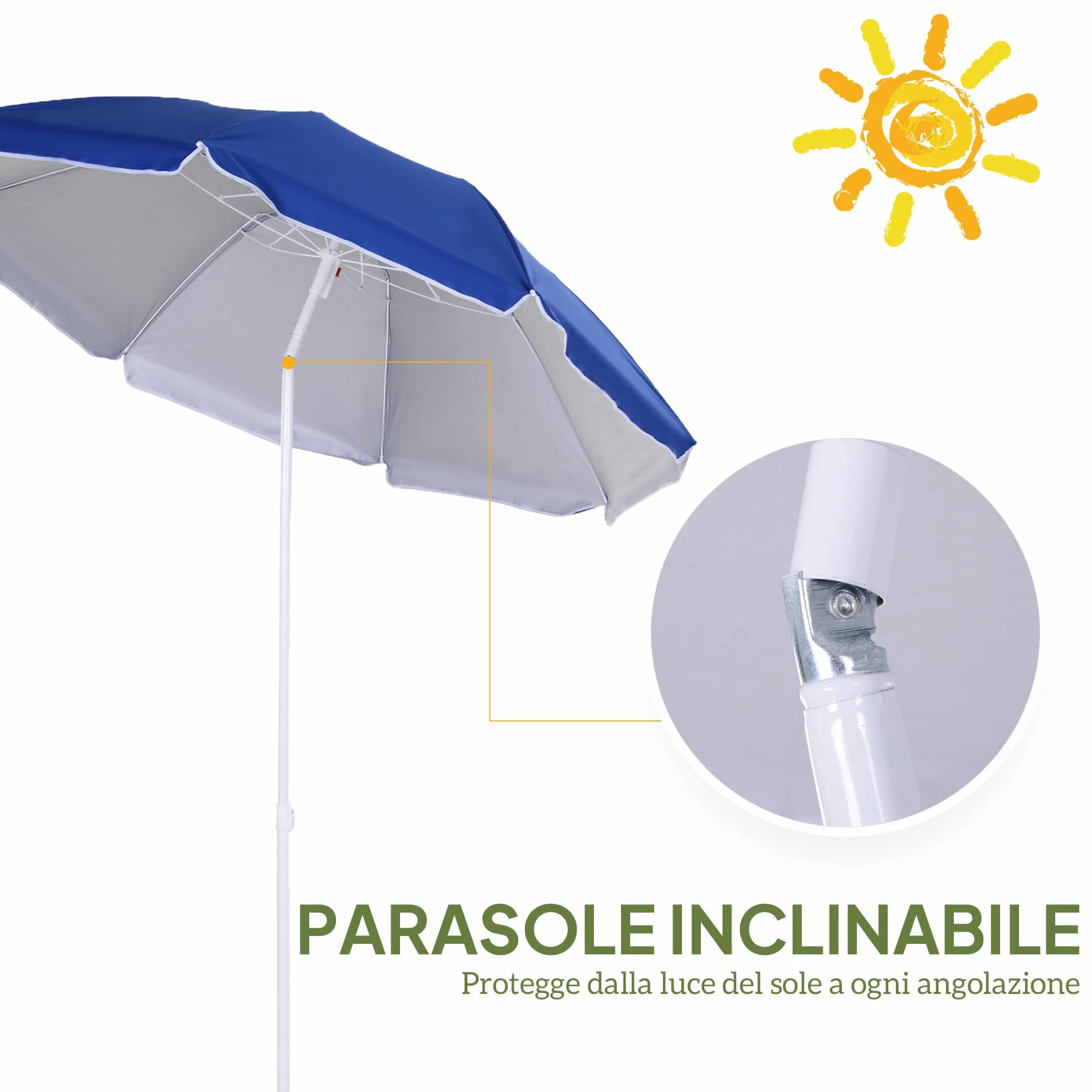 Outsunny Ombrellone da Spiaggia Ø1.6x2 m con Tettuccio Reclinabile, Ombrellone da Spiaggia Portatile con 8 Stecche, Borsa da trasporto e Design a 3 Sezioni in Metallo e Poliestere, Protezione UV, Blu