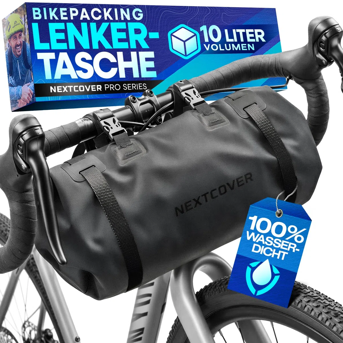 Nextcover Bikepacking - Borsa da manubrio per bicicletta [10 litri], 100% impermeabile, con AquaShield-TPU, ruote per manubrio compatte, per bici da corsa, mountain bike