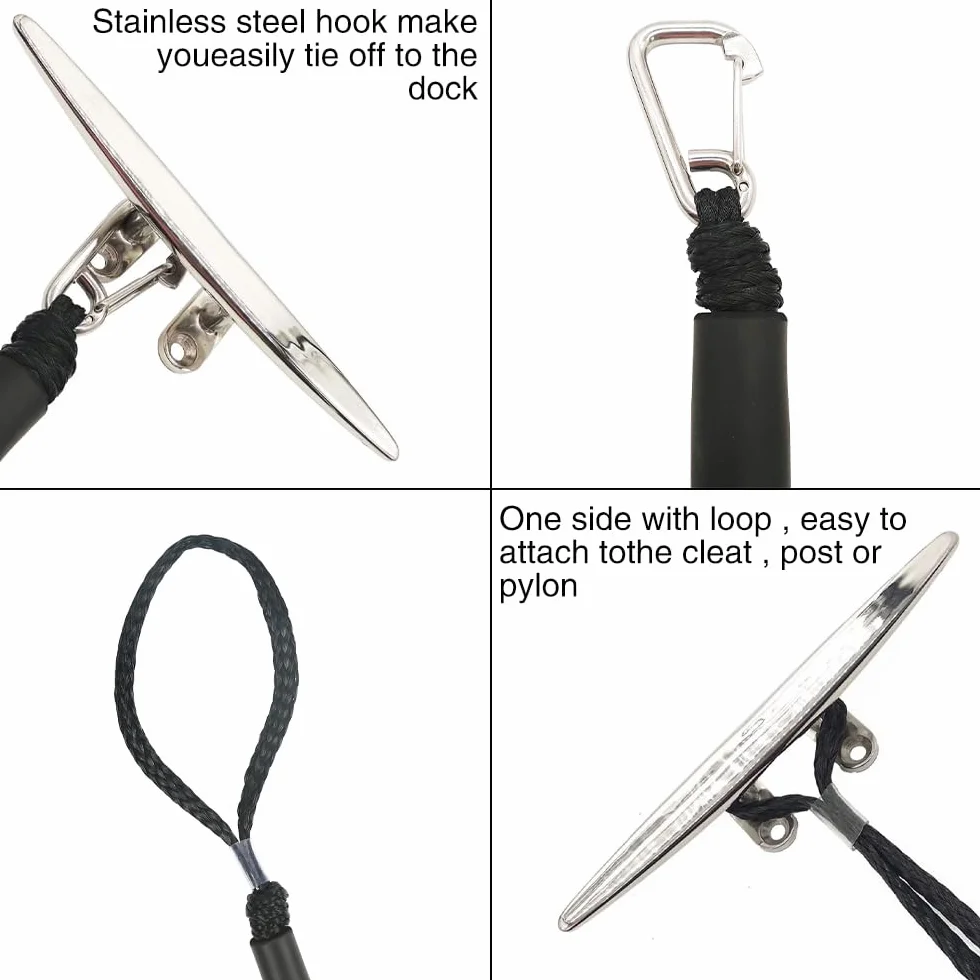 Bungee Dock Line Ormeggio Corda, Corda d'ormeggio, Cima Ormeggio, Linea di Ormeggio con Gancio per Barche, Kayak, Moto d'acqua, Pontoni, Canoe (Nero)