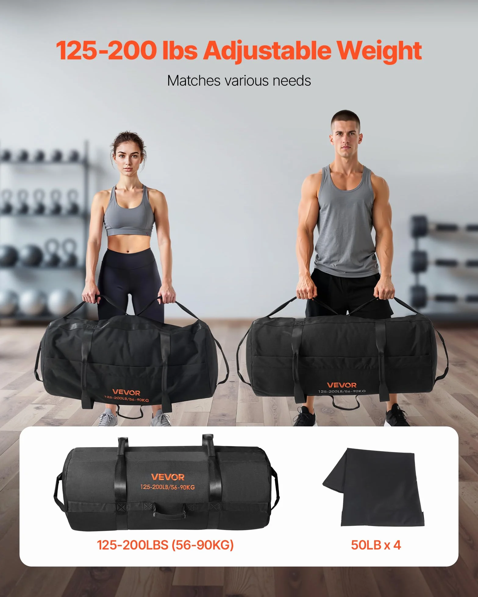 VEVOR Sacco di Sabbia per Allenamento, Resistente Borsa per Allenamento con Manici, Borsa per Fitness, Allenamento con Pesi, Cross-Training, Esercizi in Palestra a casa, Nero (Non Riempito)