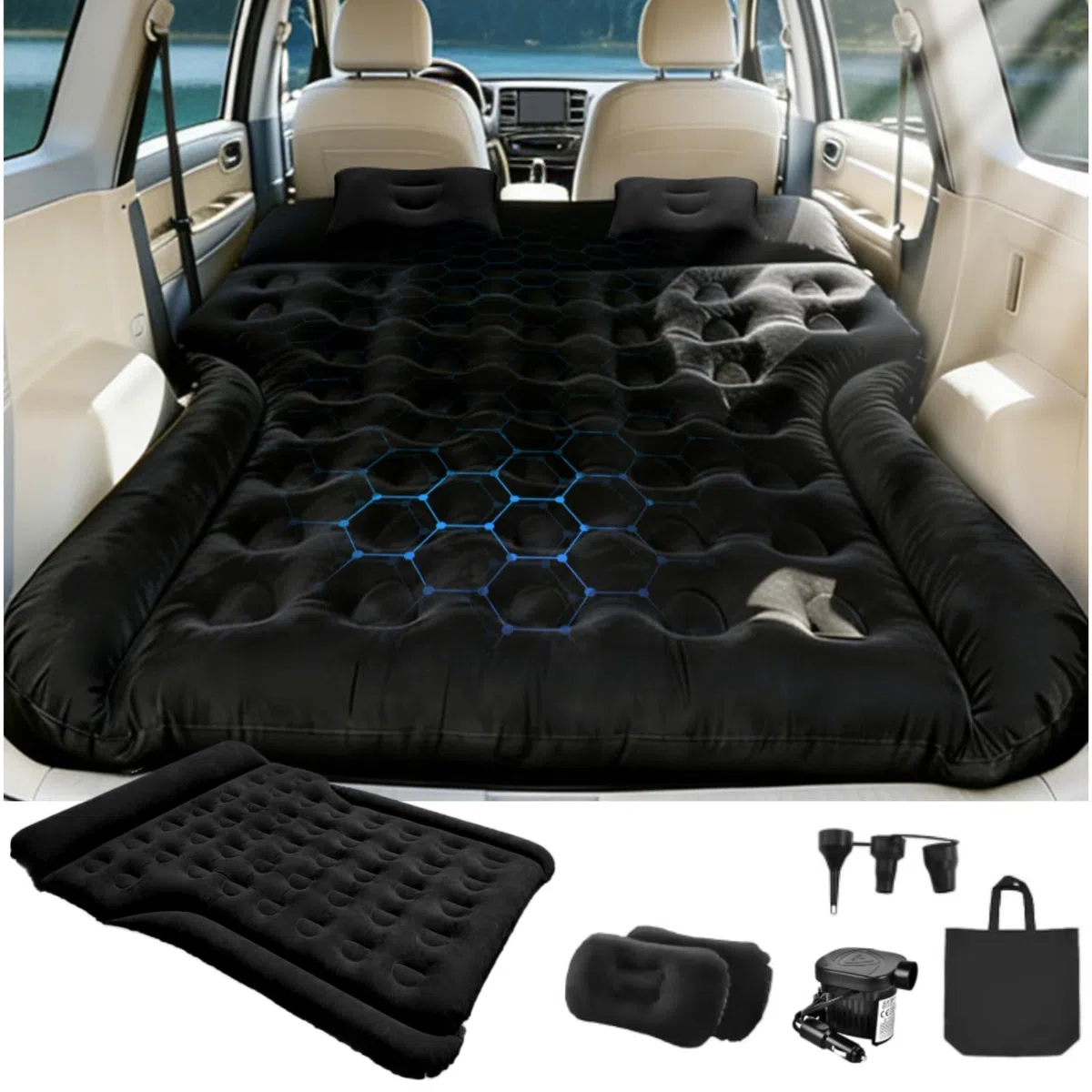 Materasso Auto, Universale Materasso ad aria per SUV MPV VAN nel bagagliaio 185x140x20cm, Mmaterasso Gonfiabile Auto Portatile e Comodo Campeggi Letto per Viaggi, Attività Interne ed Esterne (Nero)