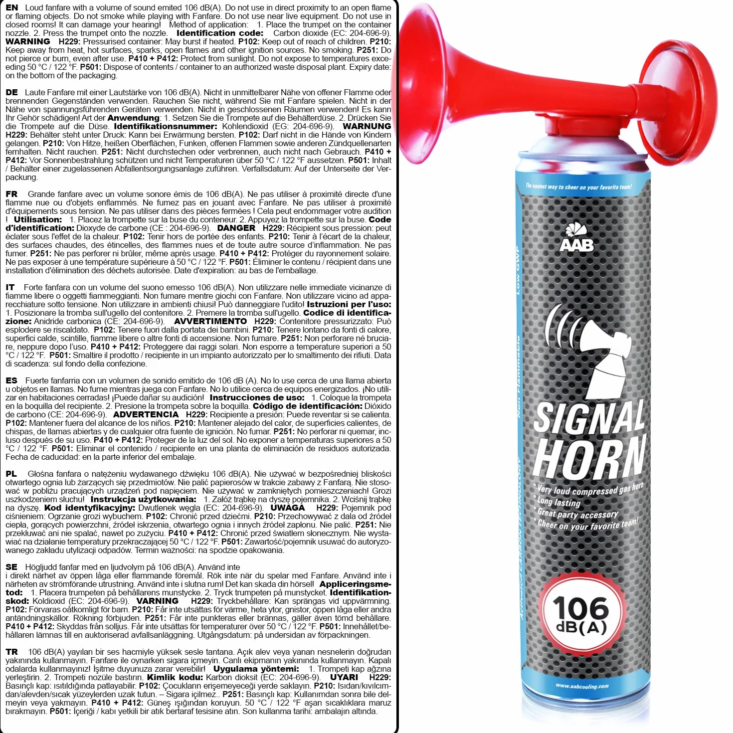 AAB Signal Horn - Trombetta da Stadio ad Aria Compressa con Gas Non Infiammabile, 320 Segnali Brevi, Molto Rumorosa