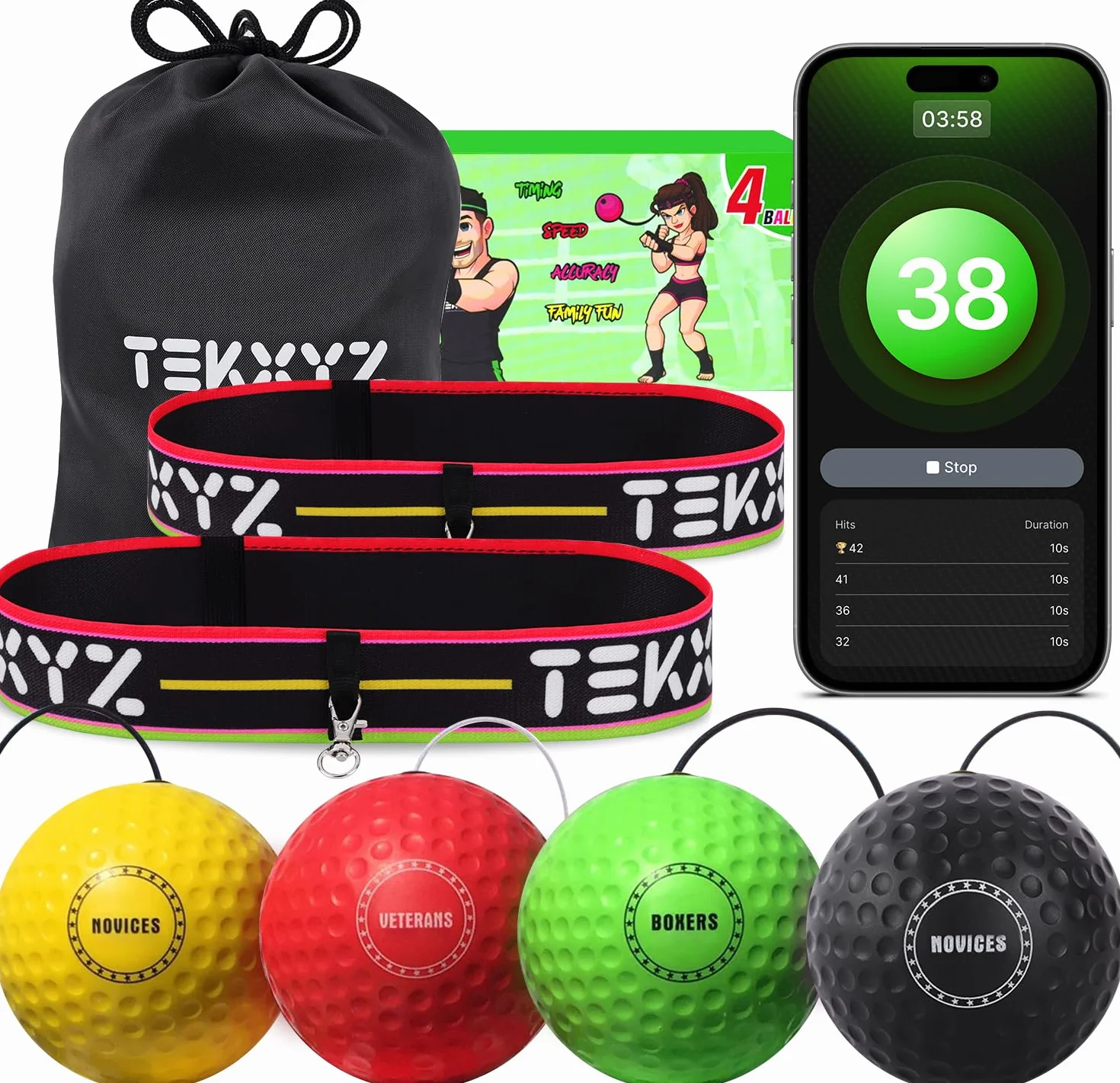 TEKXYZ Reflex Ball Family Pack, 4 diverse palline da boxe con fascia, perfette per reazione, agilità, velocità di pugno, abilità di combattimento e coordinazione occhio-mano