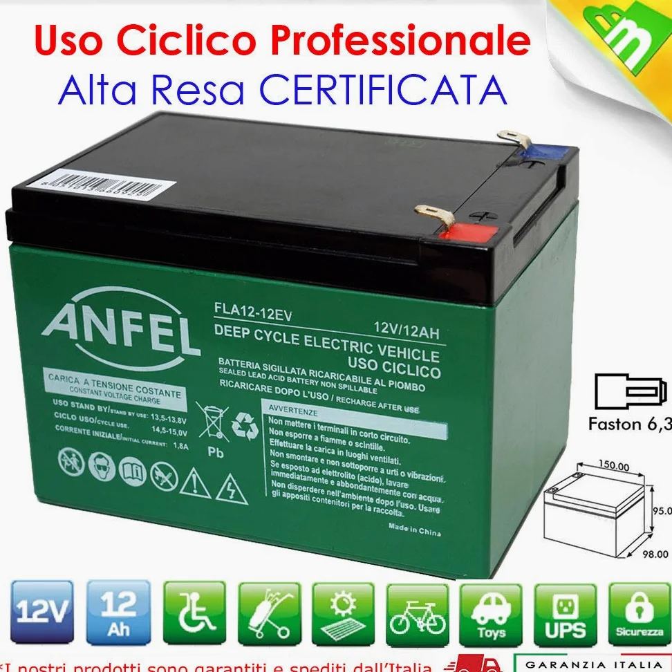 ANFEL Kit 3 BATTERIE al Piombo Ricaricabile 12V 36V 12AH CICLICA Batteria Uso CICLICO per Bici Biciclette ELETTRICHE MONOPATTINI Quad ELETTRICI TRAZIONE ELETTRICA FASTON 6,35mm Deep Cycle 6-DZM-12