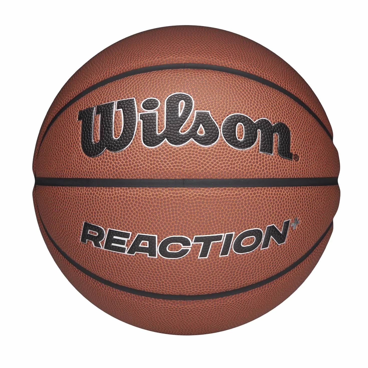 Wilson Pallone da Basket Reaction Plus, In Materiali Compositi Resistenti con Design a Canali Profondi, Marrone/Argento, Misura 5