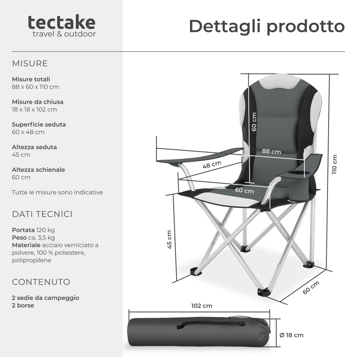 tectake® 2 Sedie da Campeggio Pieghevole, Comoda Imbottitura, Sedie Relax con Tessuto a Rete per Ventilazione, Bracciolo con Porta Bevande Incorporato, Pratica Borsa Inclusa - Grigio